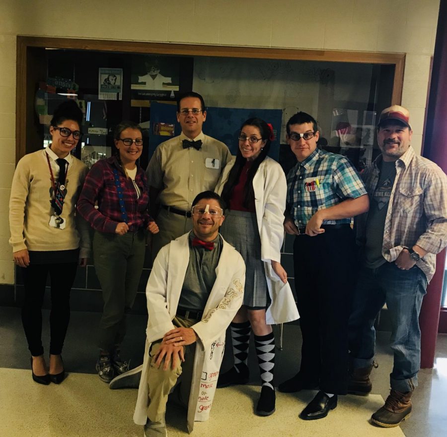 Pictured last year at Halloween, Mr. Fowler is third from the left in the top row.