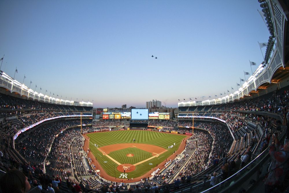 Two U.S. Air Force jets fly over Yankee Stadium.