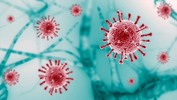 An artists depiction of the COVID-19 virus. The stylized germs are meant to represent infection. 