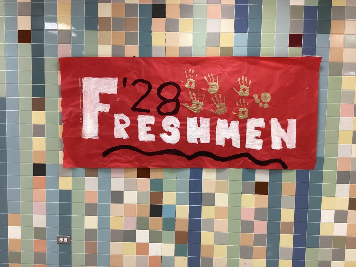 A picture of the freshman sign that hangs in the pond lobby. Every grade has a different sign that hangs to welcome them into the school and create colorful art to ease peoples fears about the seriousness of high school.
