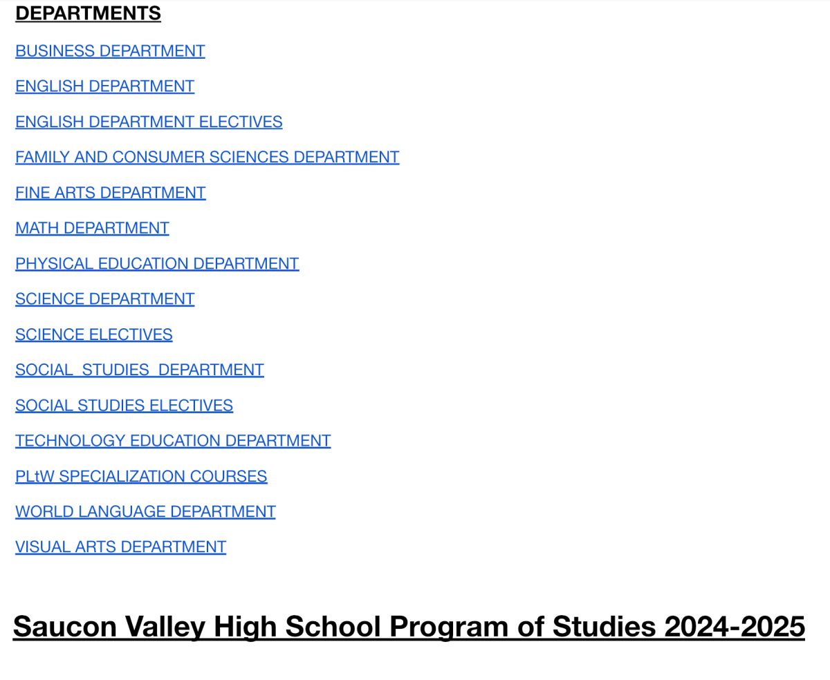 This is a picture of the different subjects(or departments) that each class offered at Saucon are categorized by, found on the school’s website in the Program of Studies. Students look through this when they chose their classes for the new school year.