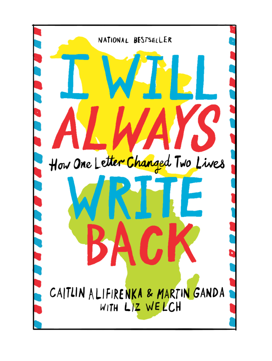 The cover for “I Will Always Write Back”. The artwork shows North America and Africa, the countries each of the authors were from.
