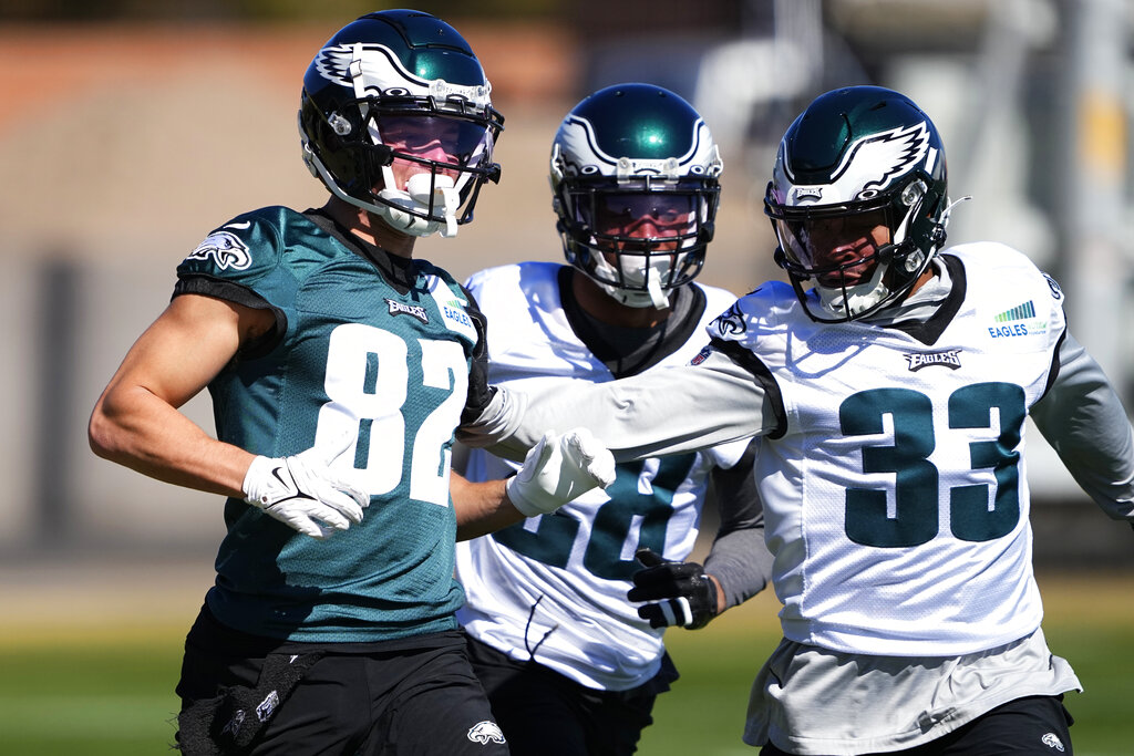 Eagles players practice to get ready for their upcoming game. This is from a previous year and was before their matchup against the Chiefs.