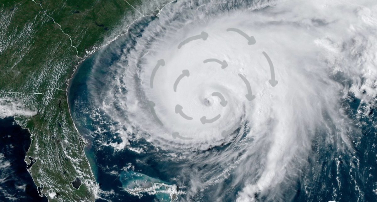 This is what a typical hurricane looks like on satellite imagery. There is an obvious spiral that occurs in the storm as wind spins towards the center.