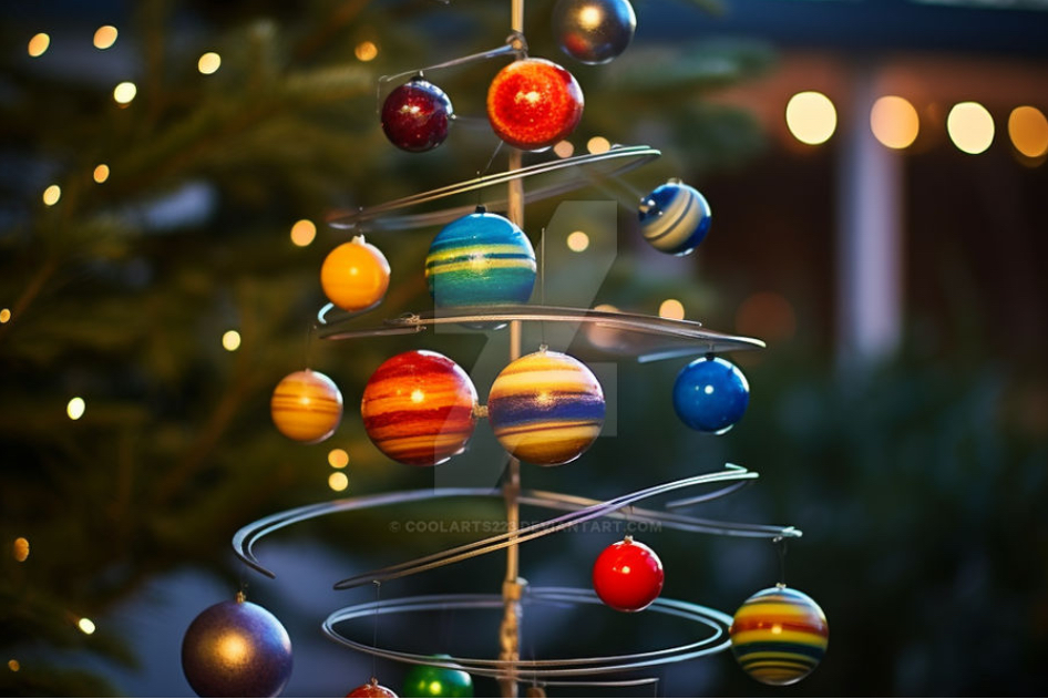 This is a small Christmas tree with space-themed ornaments. This is one of many themes for decorating Christmas trees.
