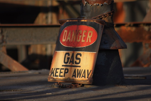 Close up of a “Gas, Keep Away” sign on top of the SteelStacks.