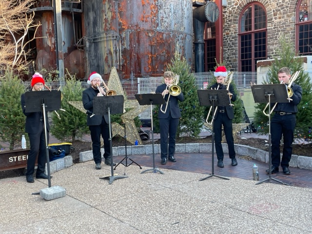 A trombone quintet played directly in front of the SteelStacks this weekend for the christkindlmarket.