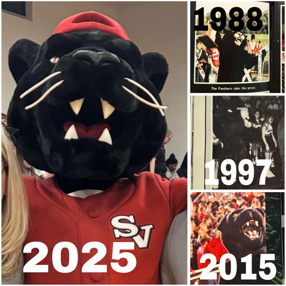 Panther mascot costumes throughout the year including the first ever panther costume in 1988. The panther is elusive and not found in every year book. 