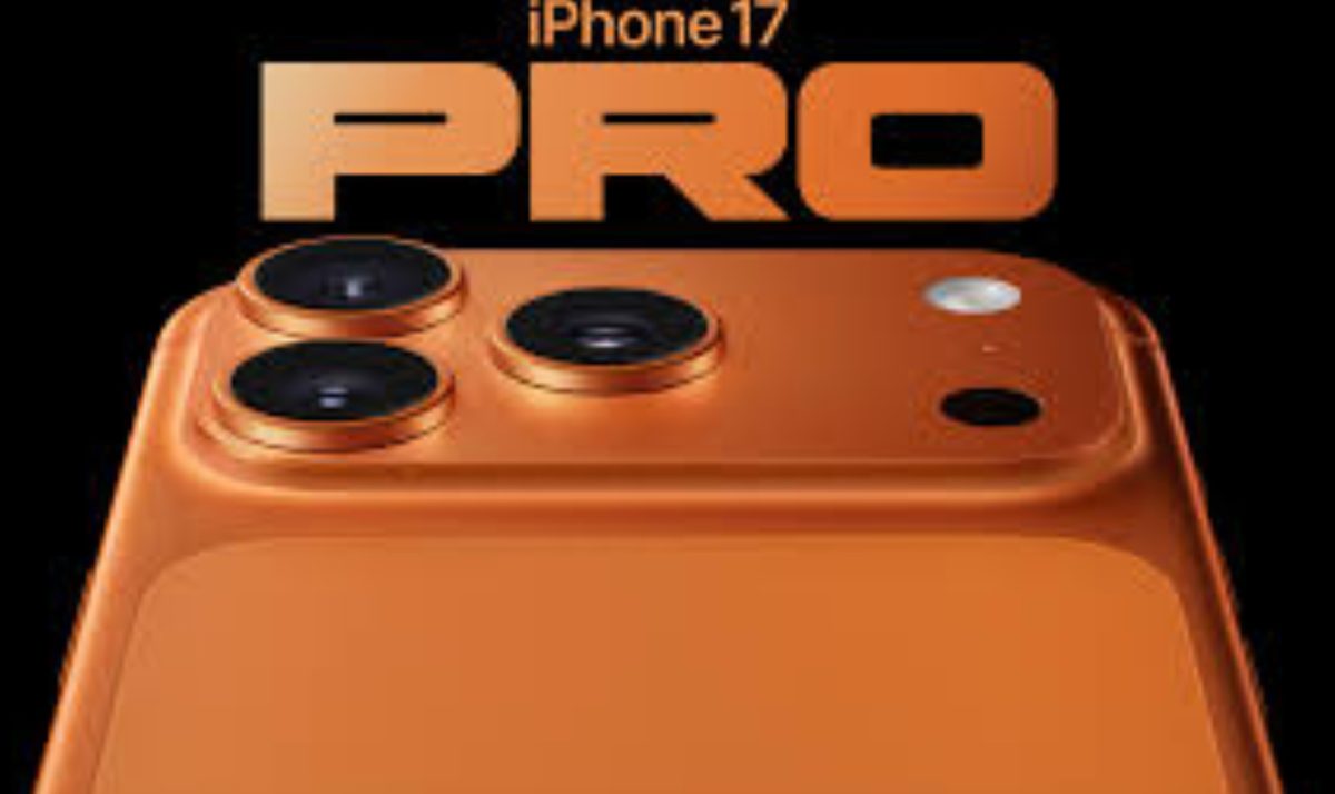 The new iPhone 17 pro max. Cosmic Orange is the newest color that Apple offers.  
