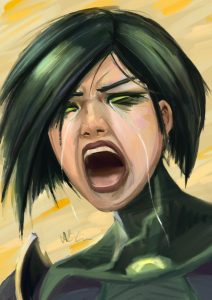 This is a painting of Viper from Valorant. She is the agent whose perspective is followed in “Welcome to my world….”